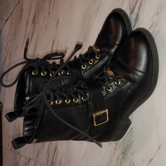 Womens BEBE Gold Buckle Military Boot - Picture 1 of 6